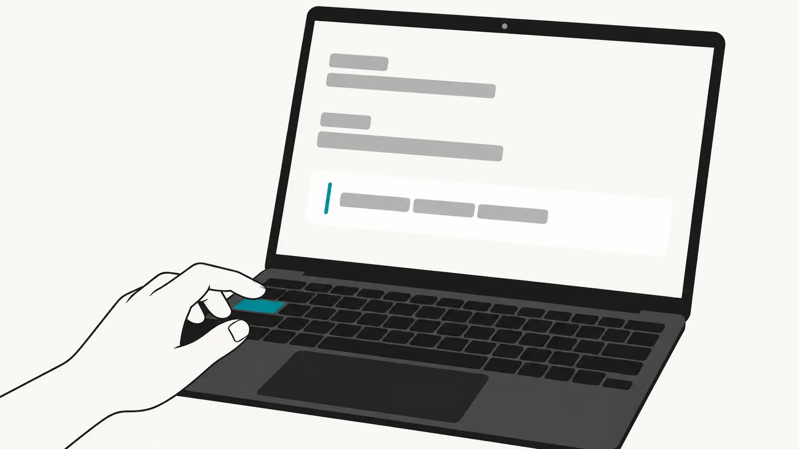 An open charcoal laptop on a cream desk shows gray ghost text blocks beside a teal cursor while a hand hovers over a teal keyboard key.