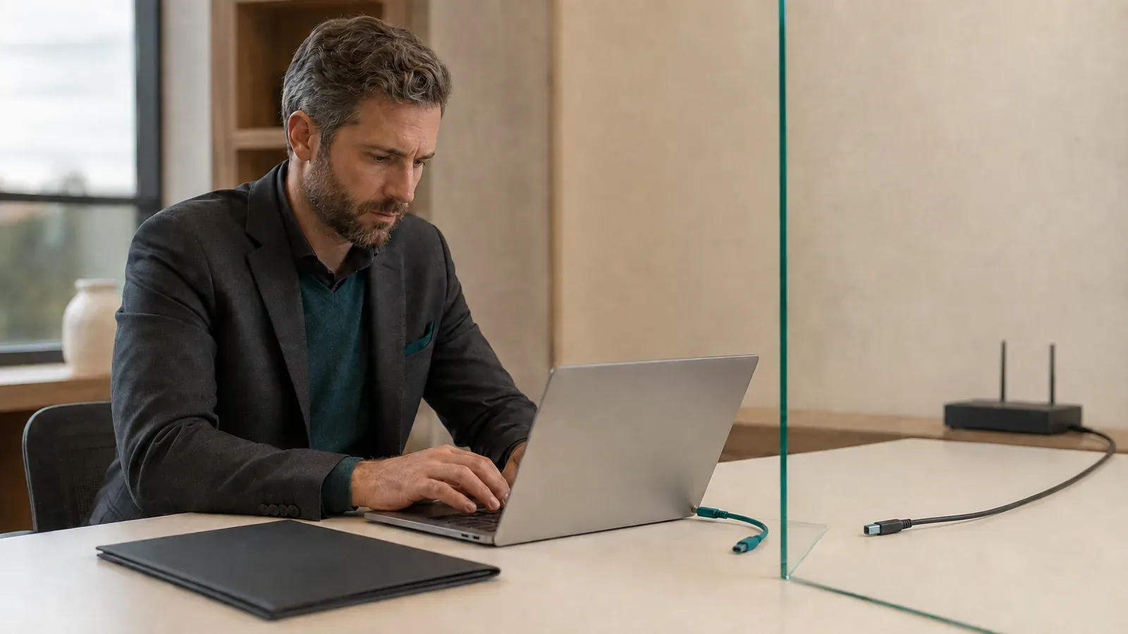 A focused lawyer works at a cream desk beside a closed charcoal folder while a glass divider separates a short cable plugged into the laptop from another cable leading to a small router.