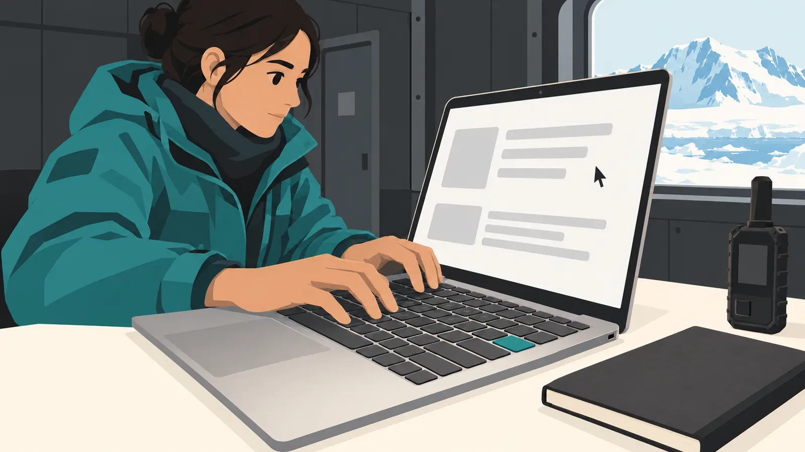 A field researcher in teal cold-weather gear types on a laptop at a cream desk inside an Antarctic station, with grey loading placeholders on the screen beside a closed notebook and satellite phone.