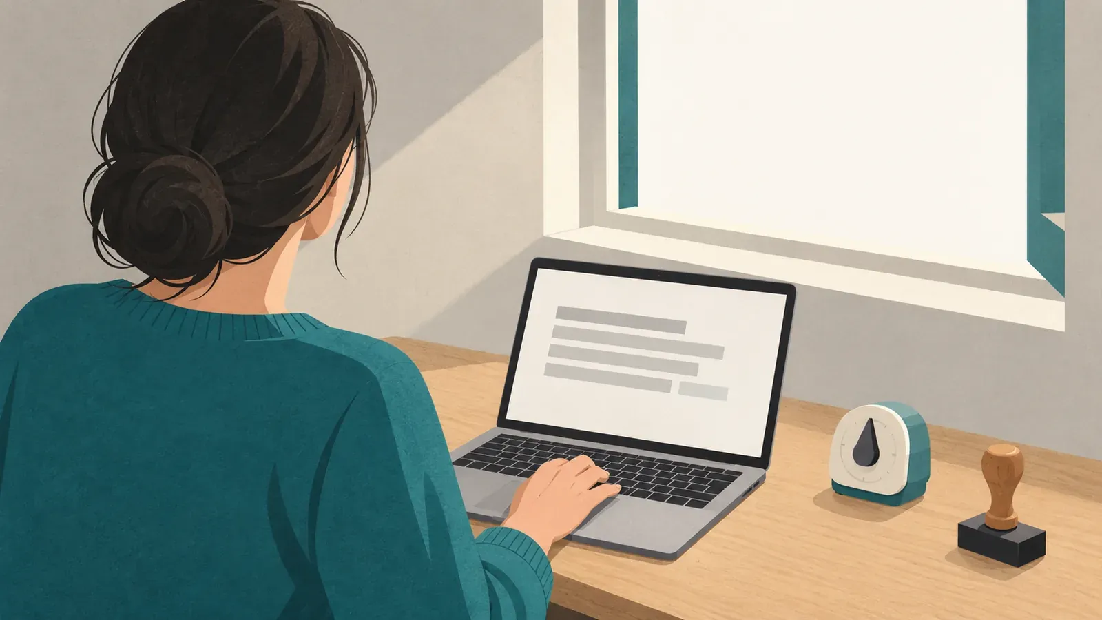A person seen from behind at a bright window rests one hand on a laptop keyboard beside a kitchen timer and a wooden-handled rubber stamp.