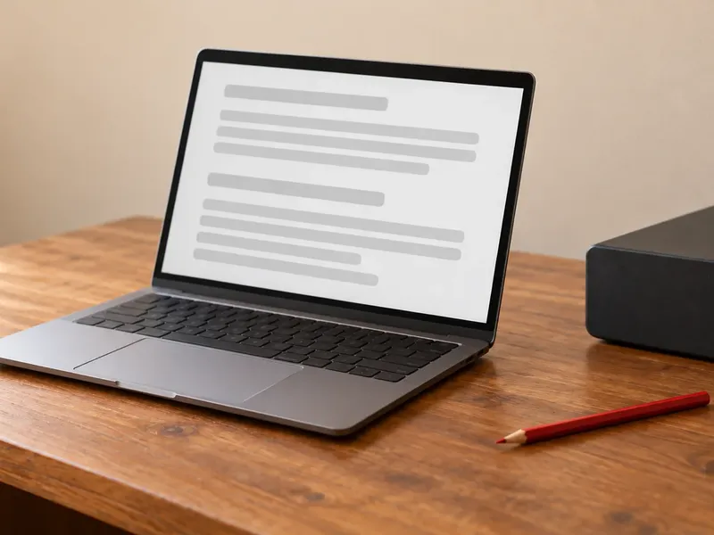An open laptop showing gray placeholder bars sits on a wooden desk beside a red pencil and a compact charcoal desktop computer.