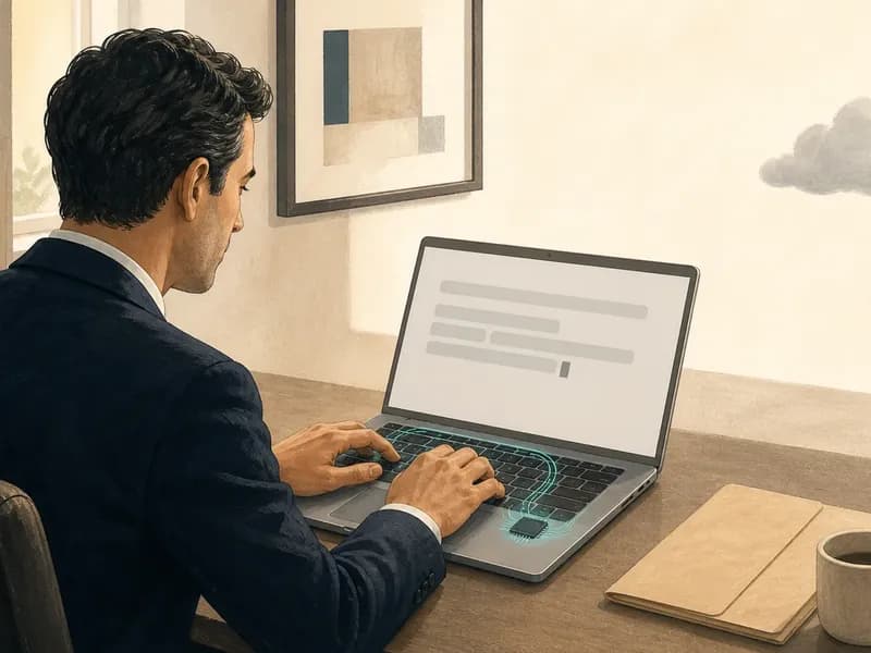A lawyer in a navy suit types on an unbranded laptop at a tidy desk while a teal circuit loop stays around the keyboard and a gray cloud floats apart in the background.