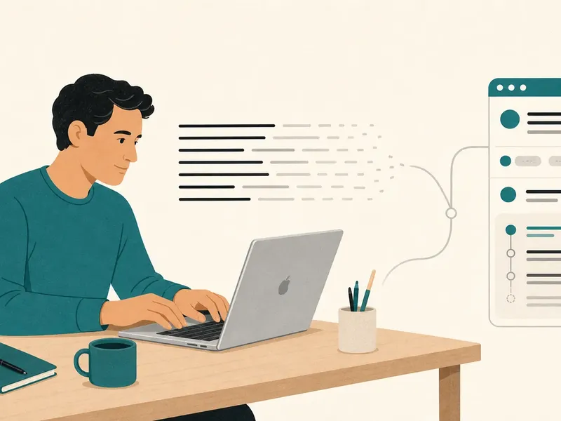 A person in a teal sweater types on a silver laptop beside lines of fading text and a faint branching path leading to a separate chat window.