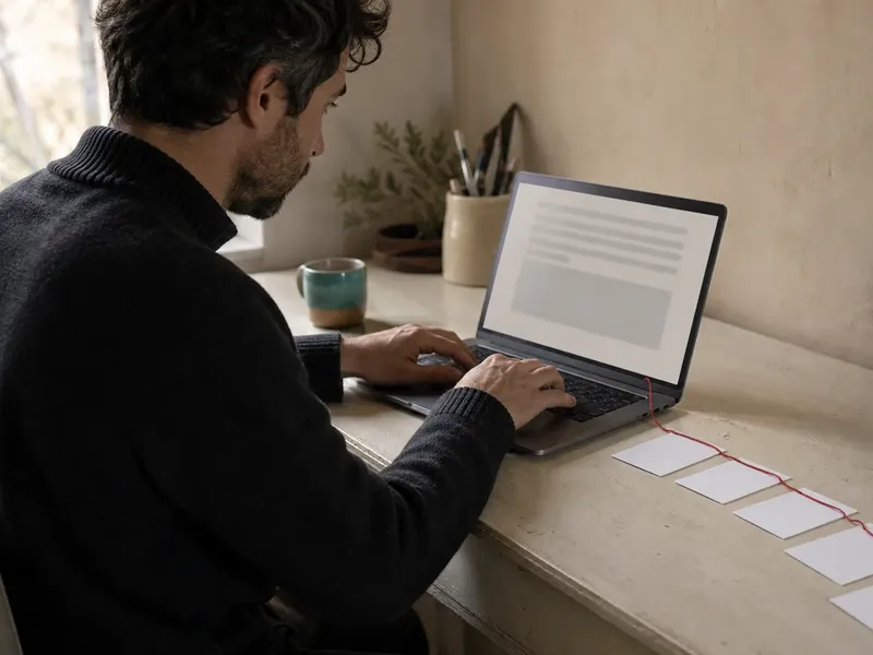 A writer in a dark sweater types at a laptop beside a row of blank index cards joined by red thread on a sunlit cream desk.