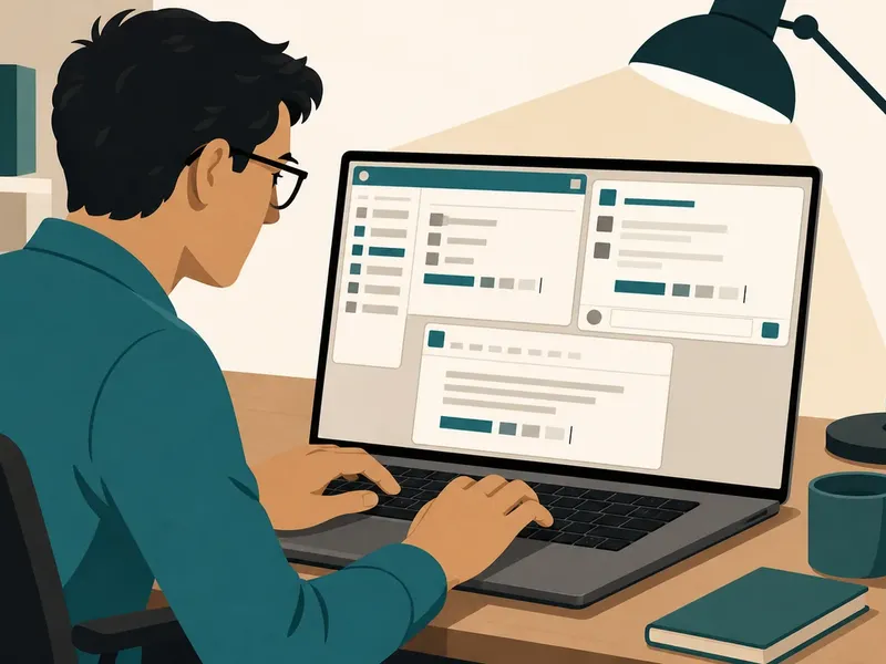 A person types at a desk while one lamp illuminates three overlapping application windows on a laptop, each showing the same row of ghost placeholder blocks beside a cursor.