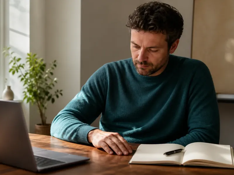 A writer sits at a sunlit wooden desk with a blurred laptop on one side and an open blank notebook and pen on the other.