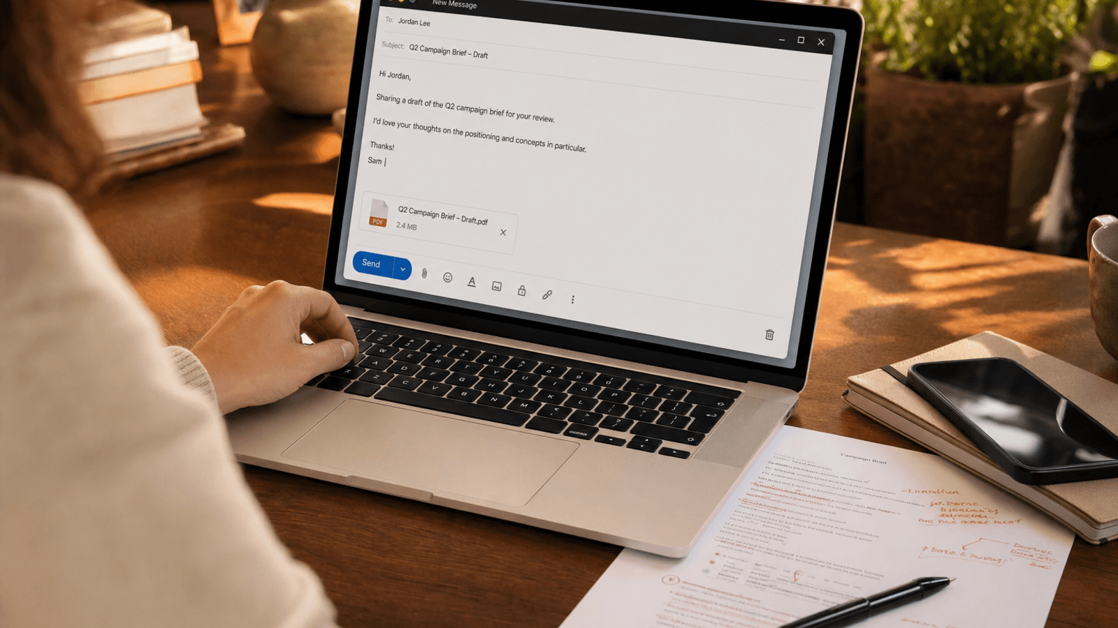 A Mac email draft with an attachment card beside a printed marked-up document, notebook, and phone on a real desk