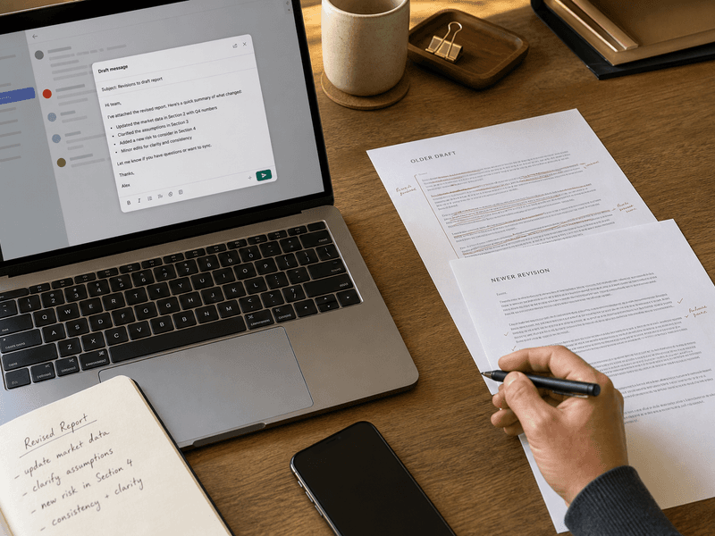 A person marking a newer document revision beside an older redlined draft and a Mac showing a concise summary of what changed
