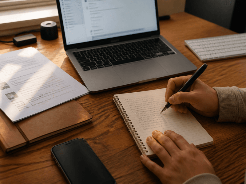 A person writing in a spiral notebook beside a Mac, printed project notes, a phone, and a keyboard on a warm wooden desk