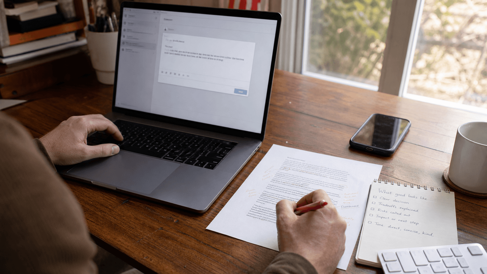 A person editing a marked-up document beside a MacBook and a notebook checklist titled What good looks like
