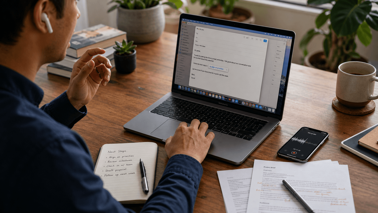 A person dictating an email at a MacBook beside a voice memo, handwritten notes, and marked-up pages