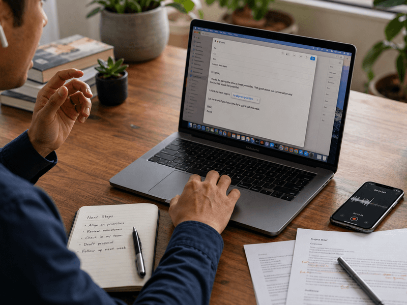 A person dictating an email at a MacBook beside a voice memo, handwritten notes, and marked-up pages