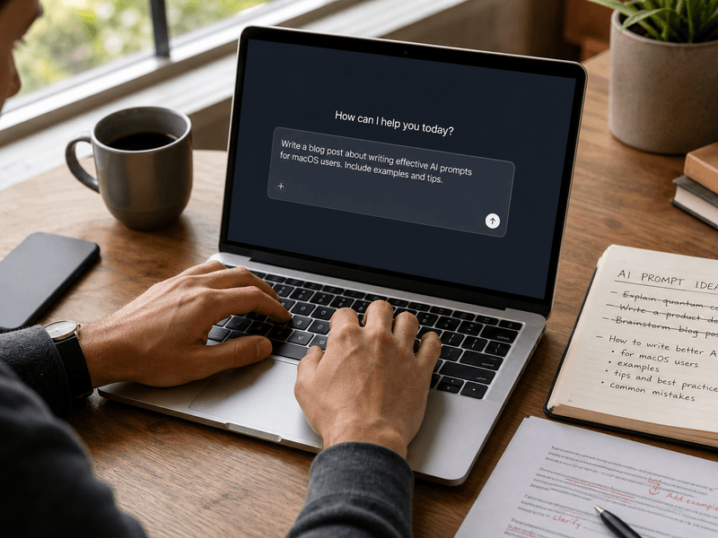 A person writes an AI prompt on a MacBook beside a notebook of prompt ideas and a marked-up page