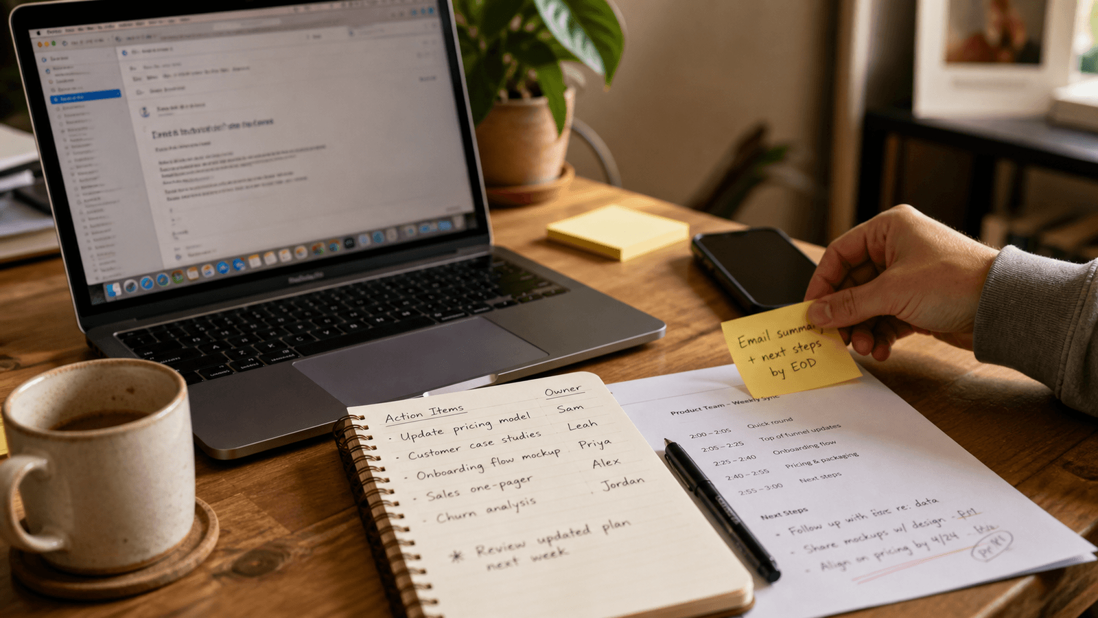 A post-meeting desk with a MacBook email draft, handwritten action items, a phone, coffee, and a next-steps sticky note