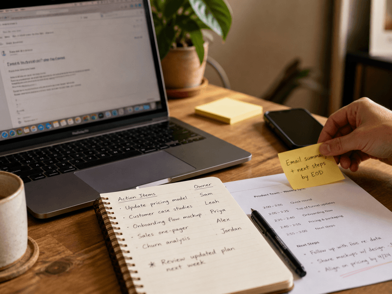 A post-meeting desk with a MacBook email draft, handwritten action items, a phone, coffee, and a next-steps sticky note