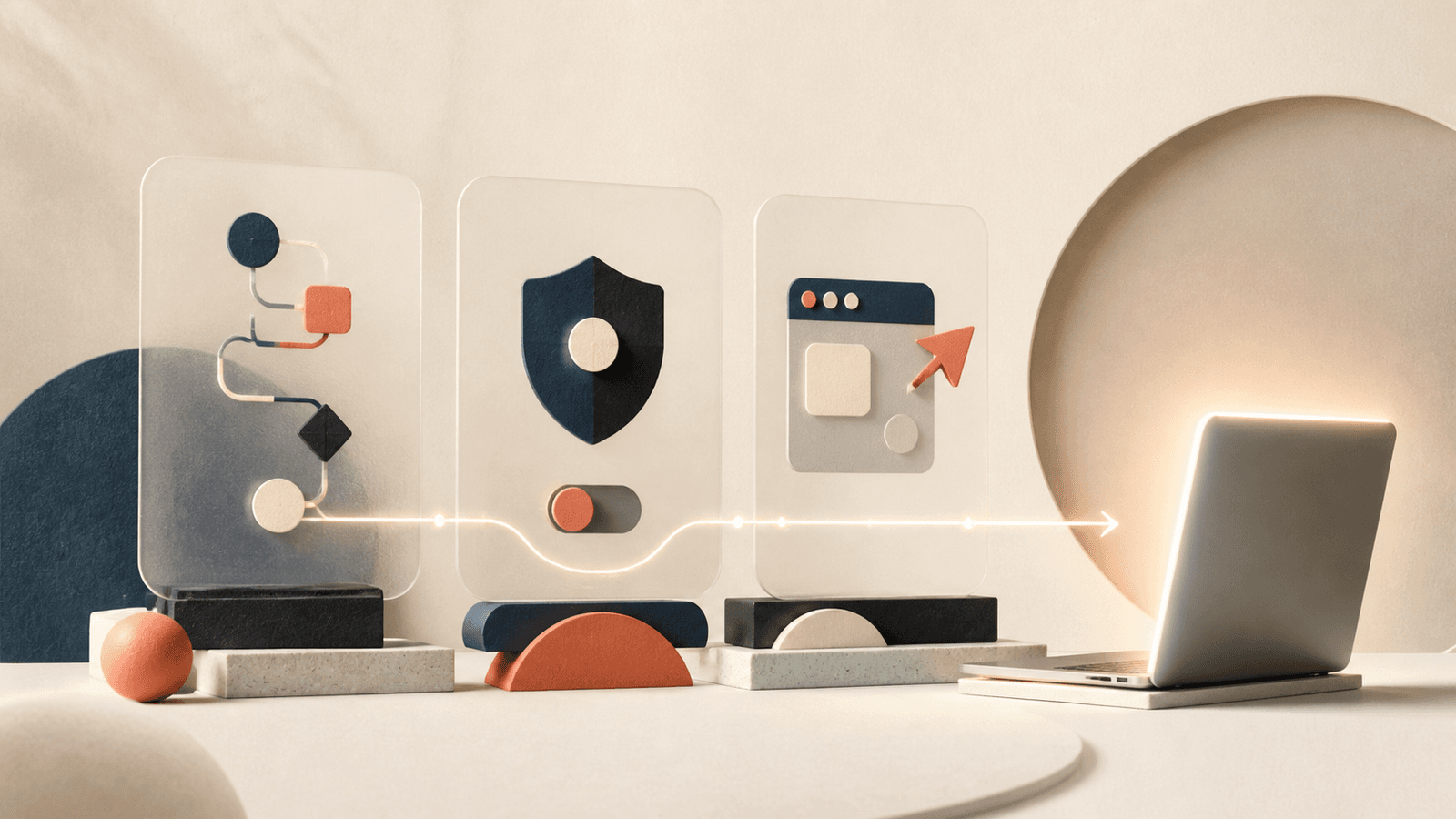 Three visual comparison panels for workflow, control, and app fit leading toward a Mac laptop