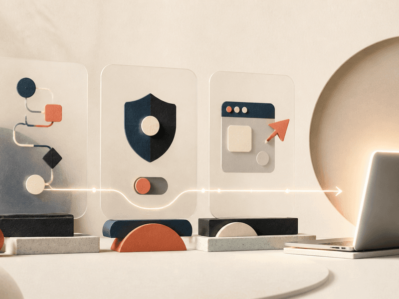 Three visual comparison panels for workflow, control, and app fit leading toward a Mac laptop