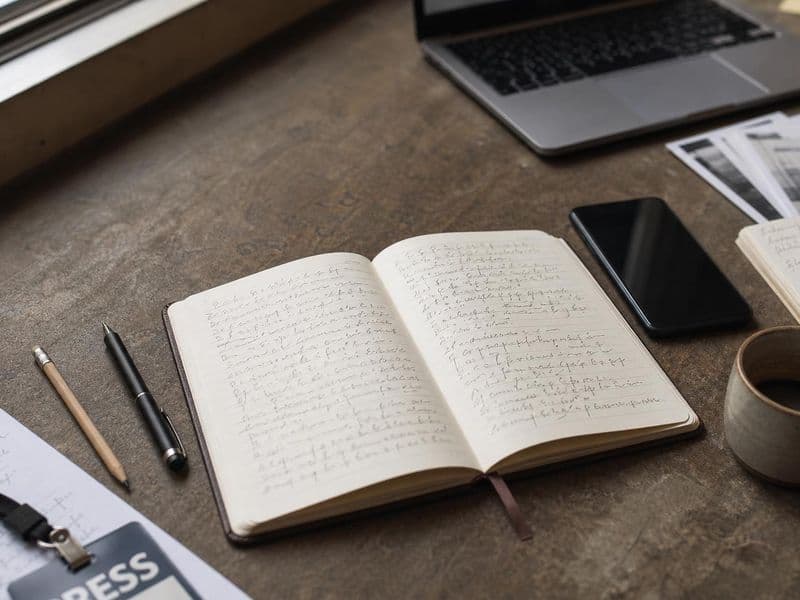 Editorial desk scene with a reporter's notebook, scattered notes, and writing tools for the Typeahead journalists post hero