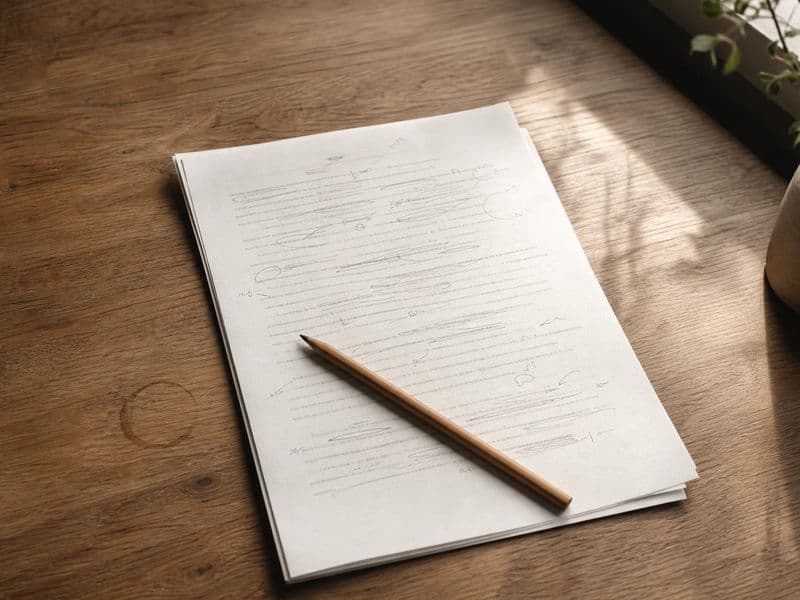 Warm editorial desk with a manuscript page marked in pencil and a wooden pencil laid across it for the Typeahead writers post hero