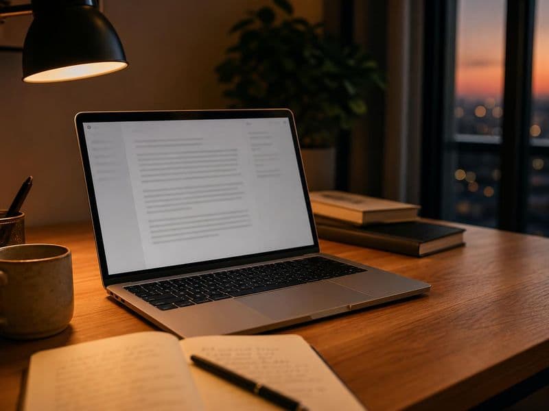 Warm wooden desk with a MacBook open to a writing setup