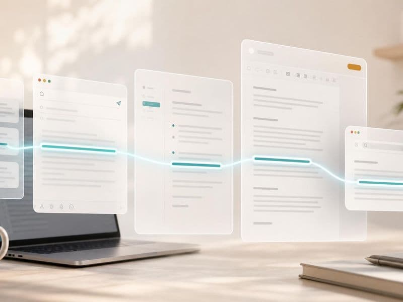 Warm editorial workspace with layered app windows and a sentence moving across the writing flow