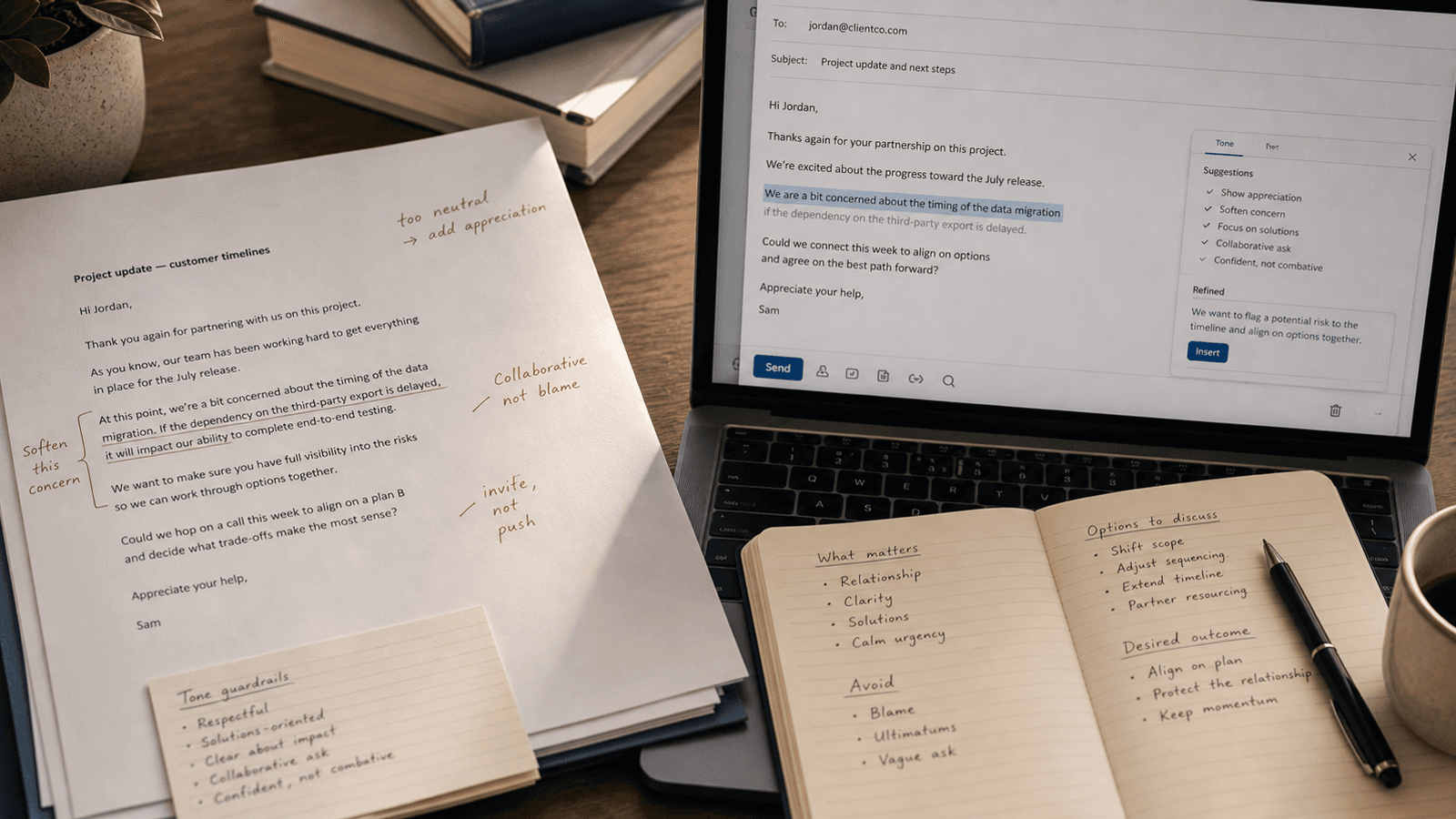 Soft-lit inbox workspace with a careful sentence in progress, highlighted inline suggestion, and calm drafting interface