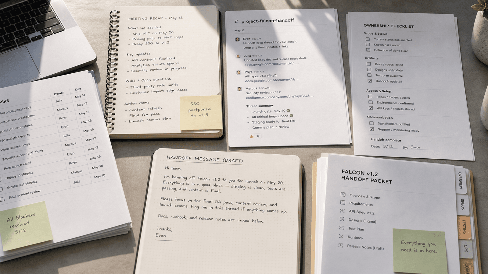 Cross-app project handoff workspace with chat, task, and document panels feeding into one inline follow-up sentence