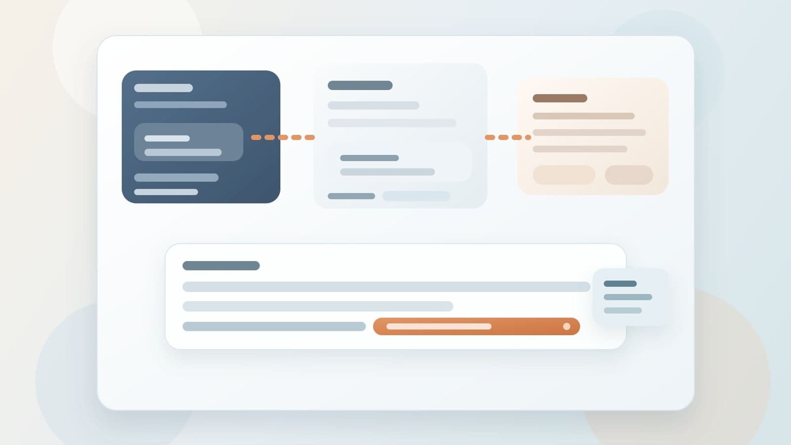 Cross-app project handoff workspace with chat, task, and document panels feeding into one inline follow-up sentence