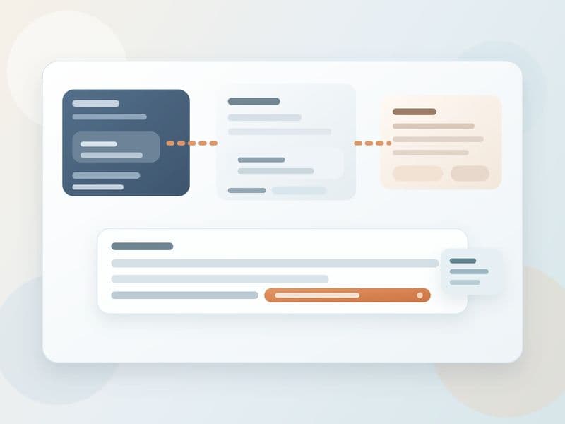 Cross-app project handoff workspace with chat, task, and document panels feeding into one inline follow-up sentence