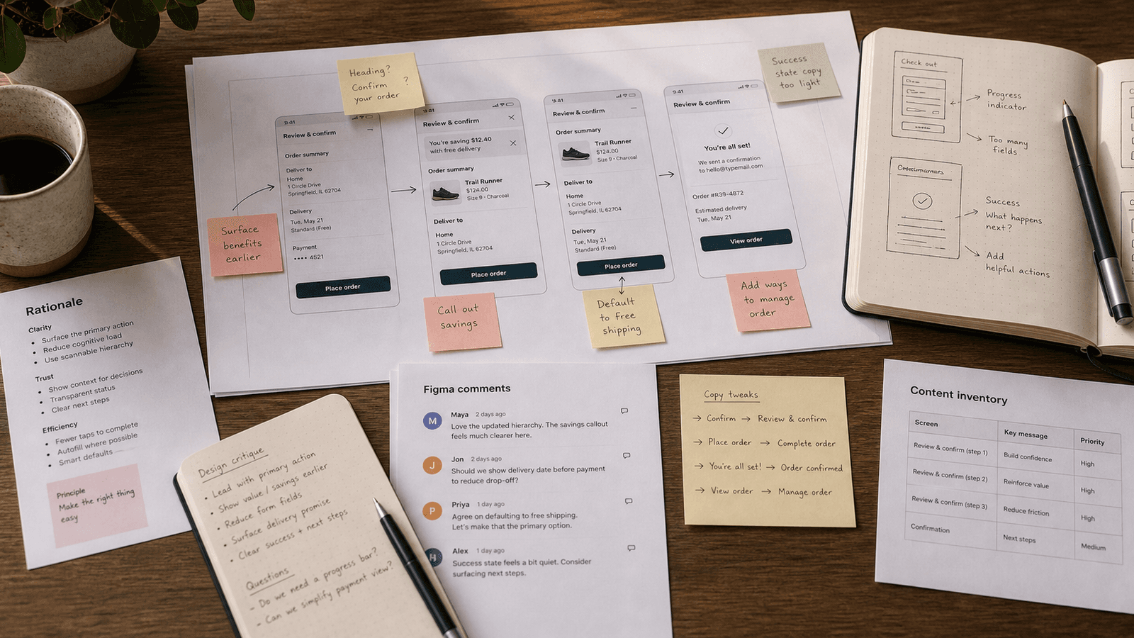 Warm design workspace with Figma-style comments, rationale notes, and an inline sentence suggestion