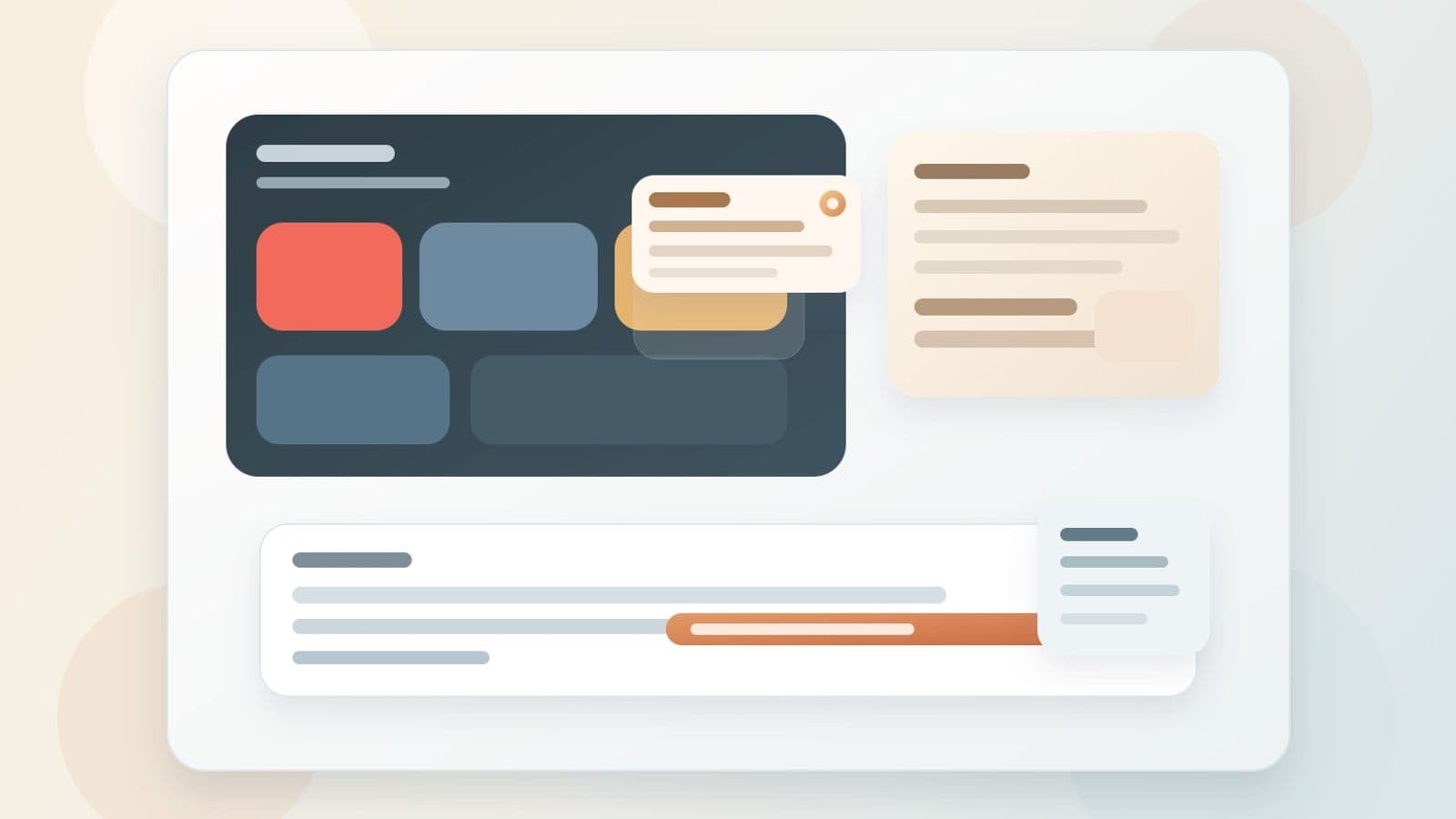 Warm design workspace with Figma-style comments, rationale notes, and an inline sentence suggestion