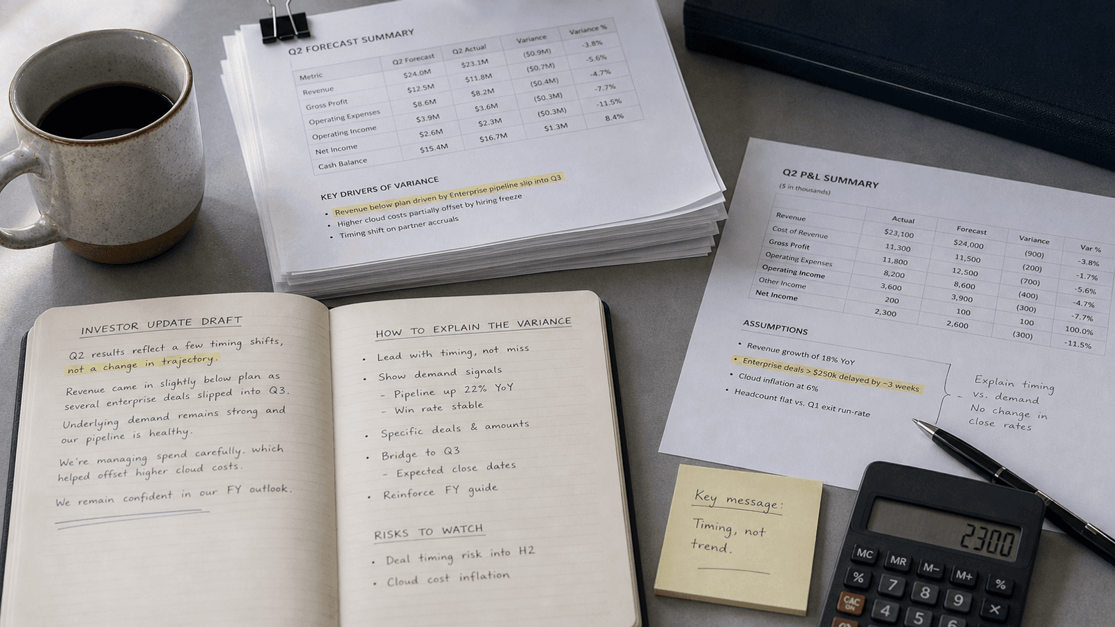 Warm finance desk with a spreadsheet trend view, investor note, and inline sentence suggestion