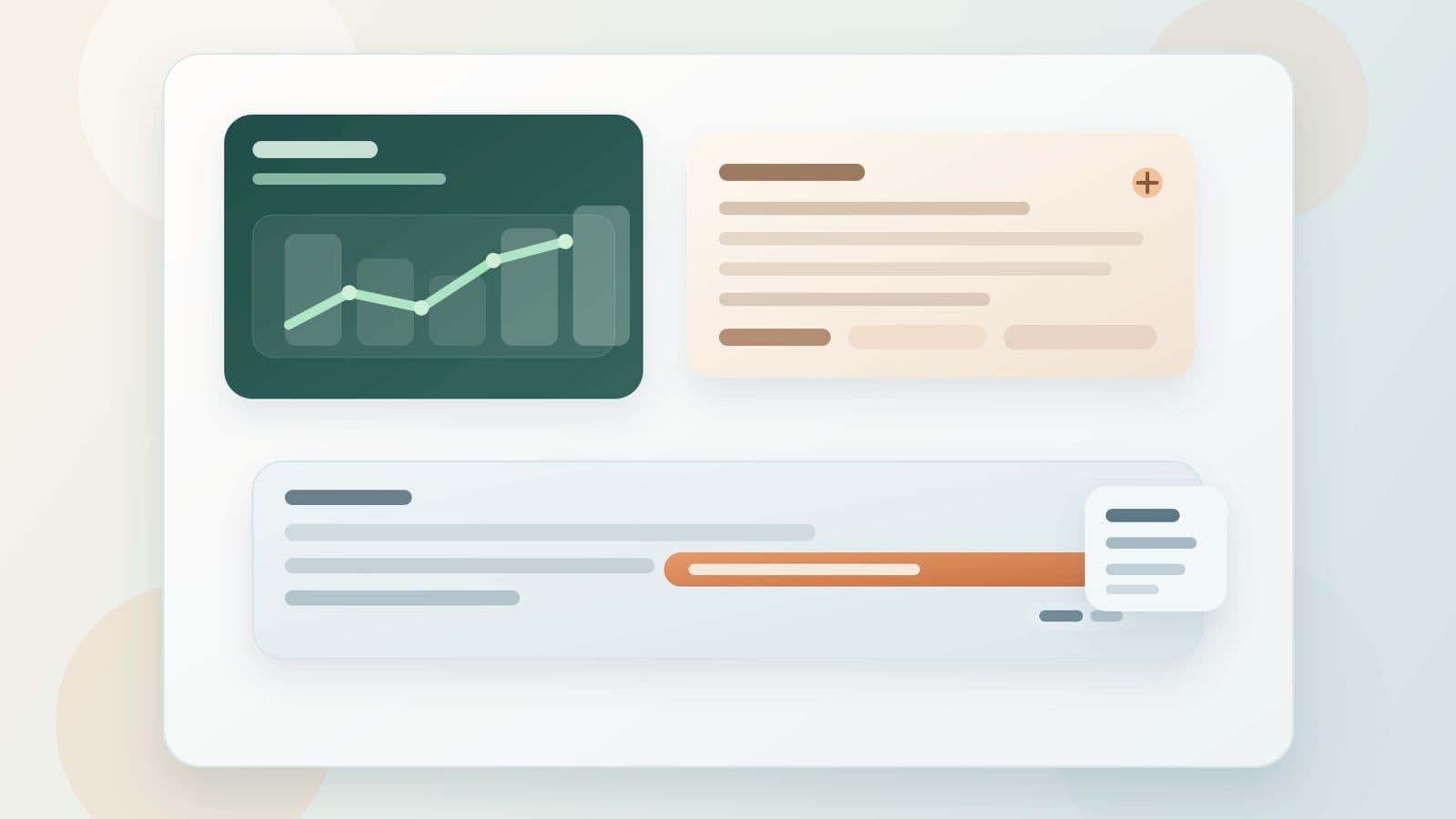 Warm finance desk with a spreadsheet trend view, investor note, and inline sentence suggestion