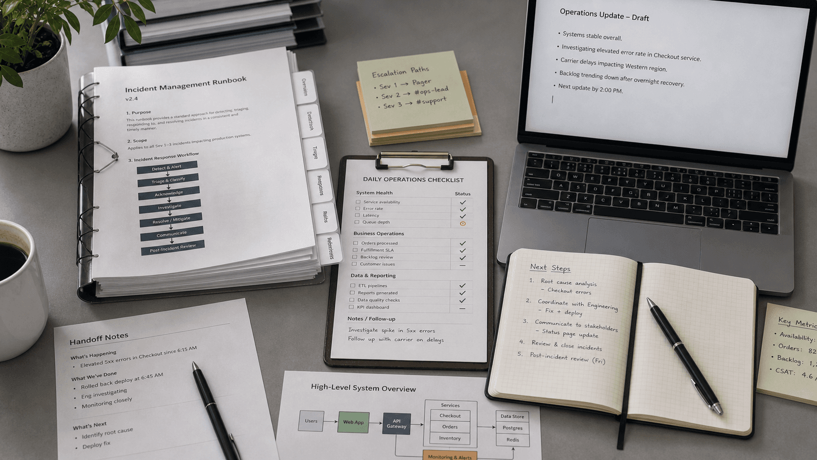 Calm operations desk with checklist, Slack follow-up, and one clear next-step sentence