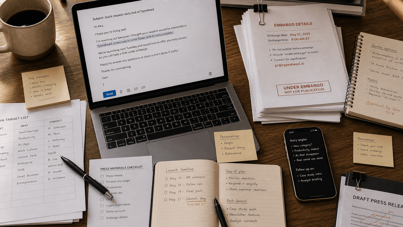 Warm PR desk with media pitch notes, embargo email, and one careful sentence taking shape