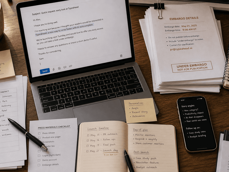 Warm PR desk with media pitch notes, embargo email, and one careful sentence taking shape