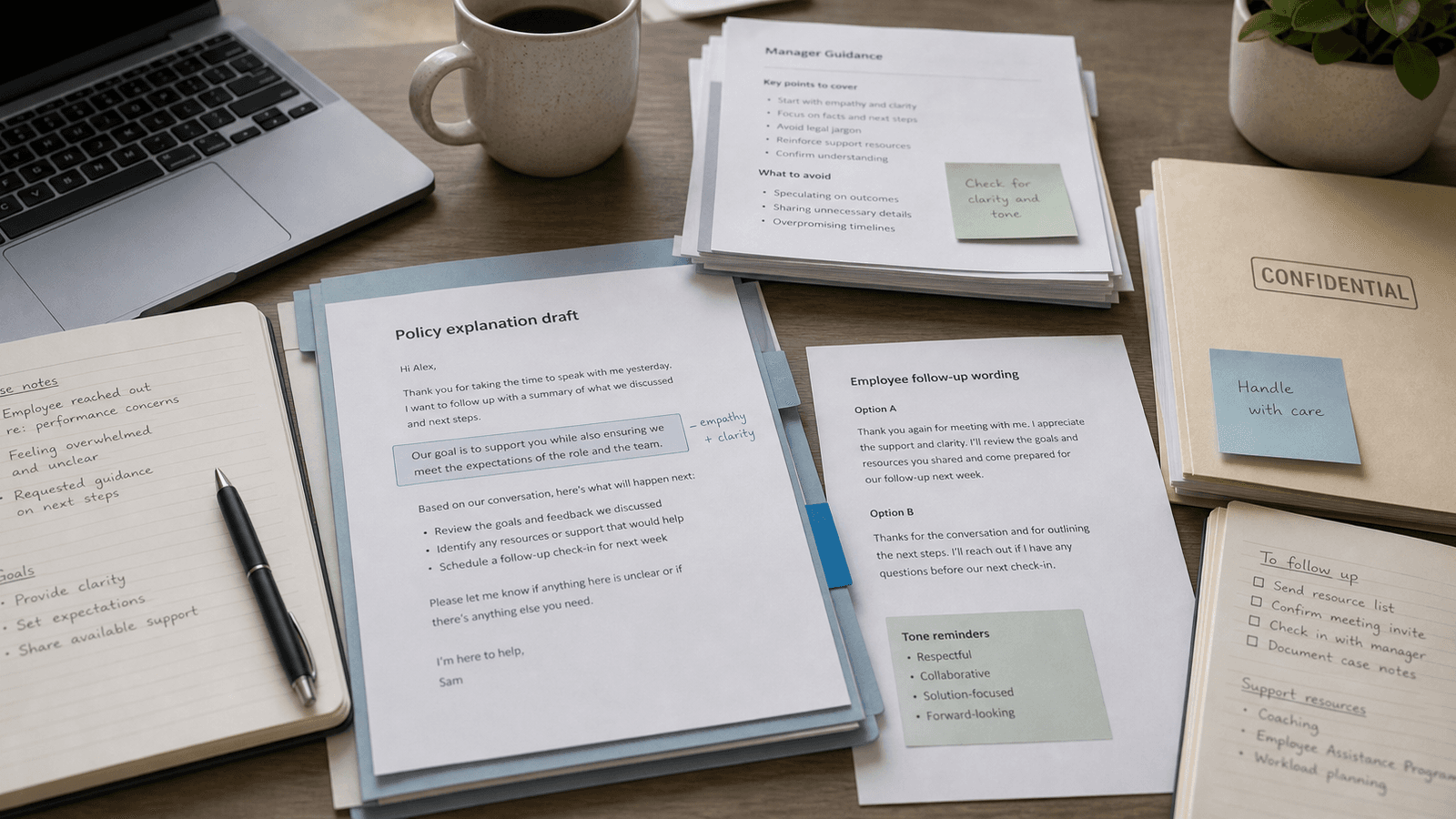 Calm people-ops workspace with Slack, policy notes, and one careful sentence in progress