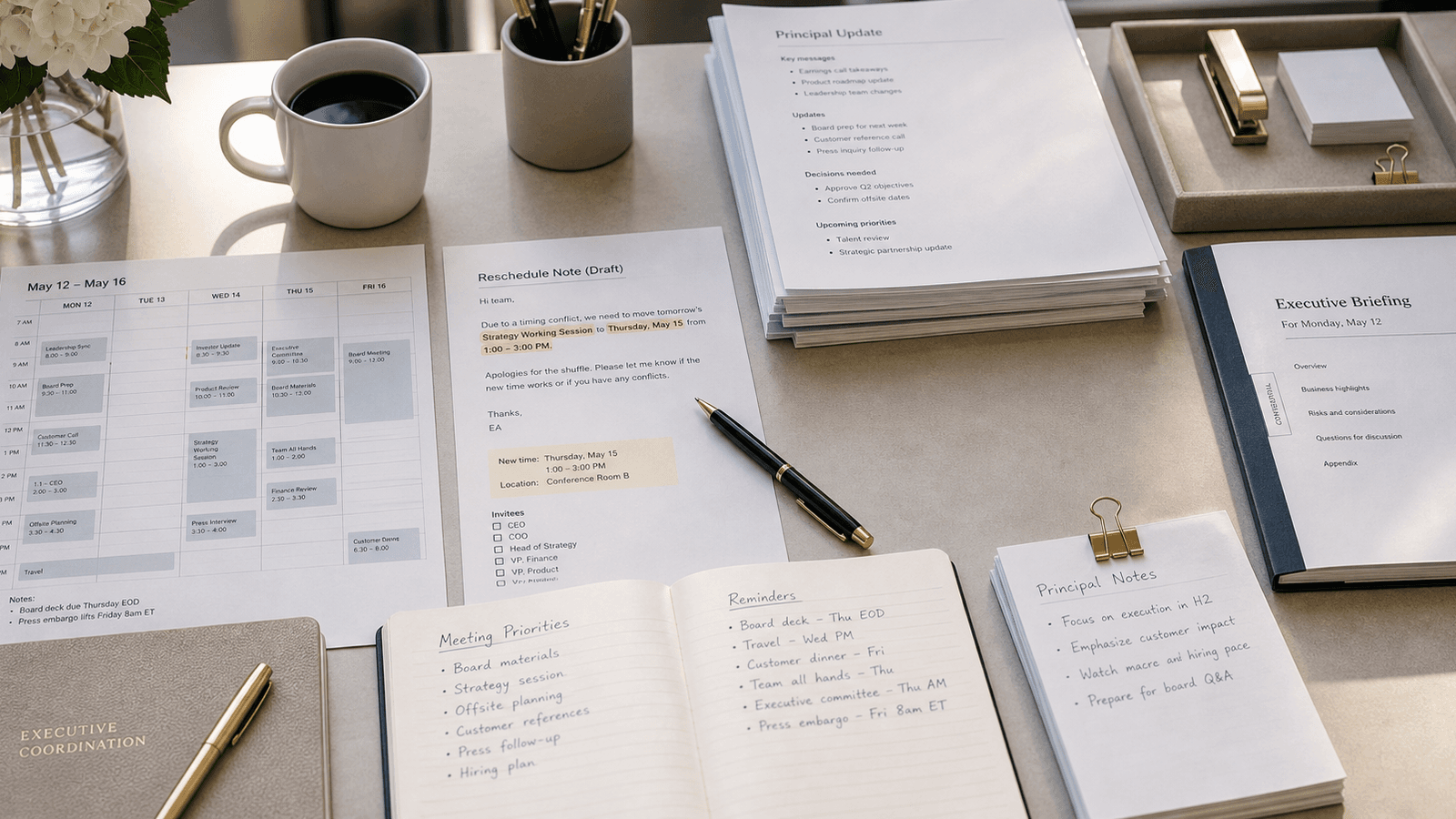 Sunlit assistant desk with calendar blocks, Slack follow-up, and one precise reschedule note