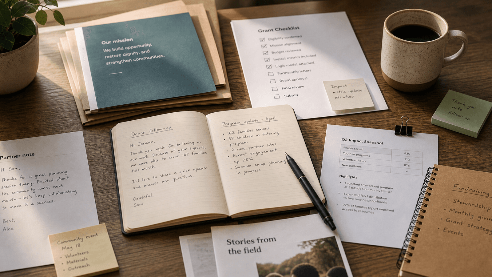 Warm nonprofit desk with donor note, grant checklist, and one careful follow-up sentence in progress