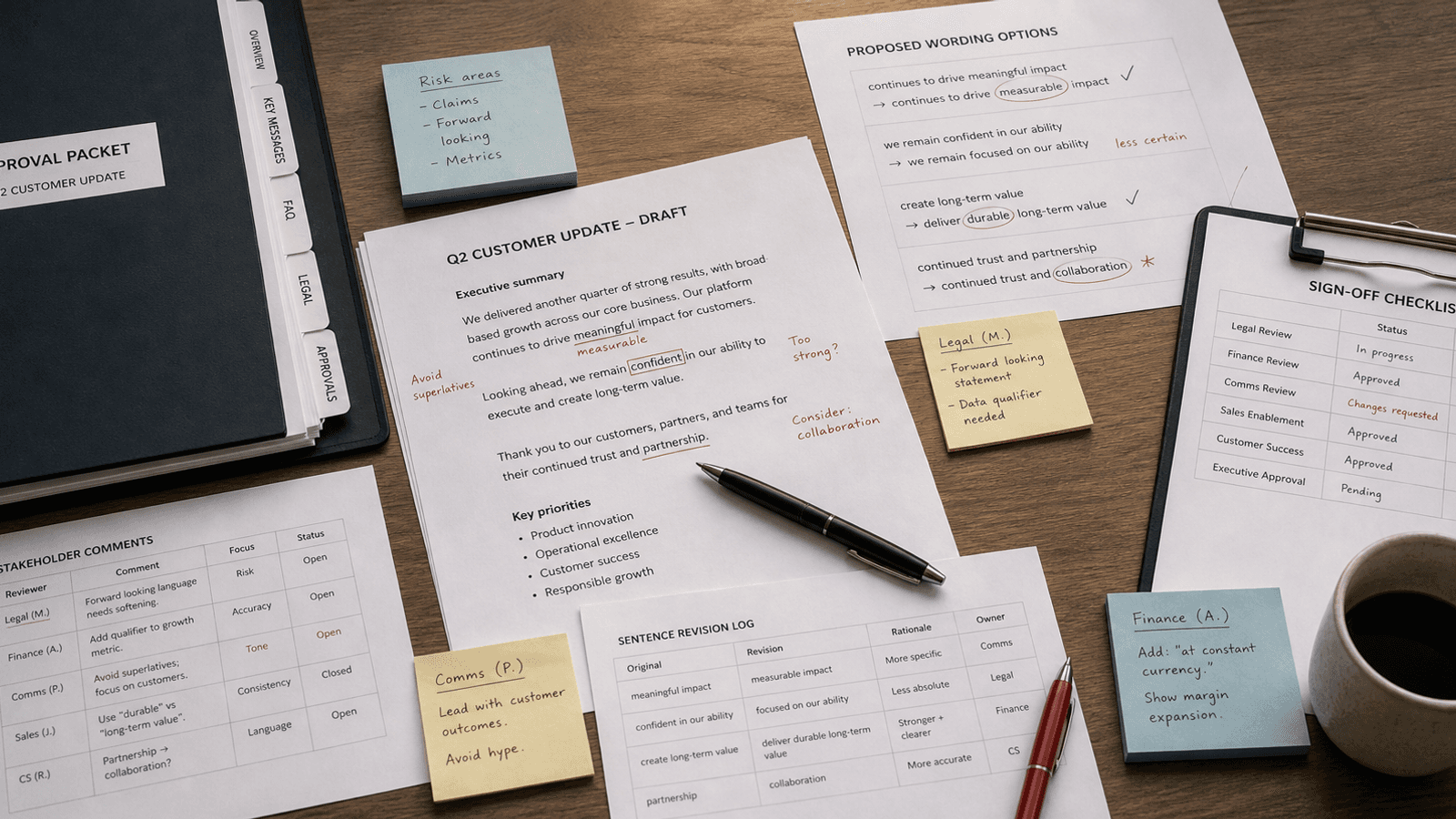 Approval thread style workspace with one careful sentence being refined before sign-off