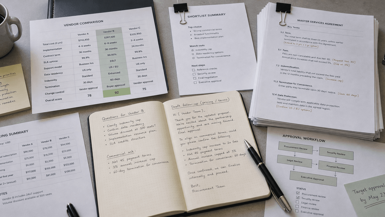 Clean procurement workspace with vendor comparison notes, redlined terms, and one careful follow-up sentence
