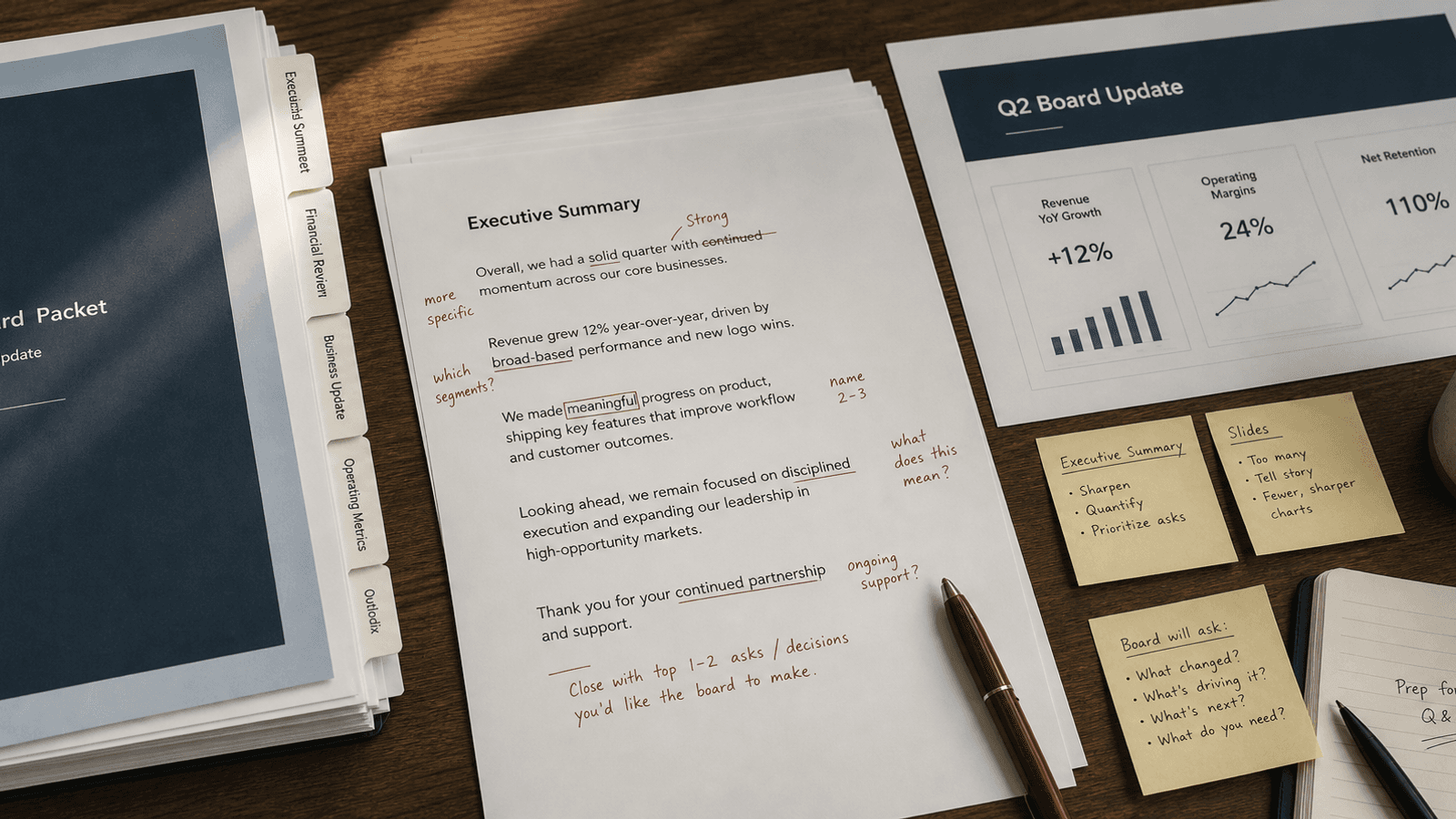Calm founder workspace with a board update draft, a sparse slide, and a careful summary note in progress