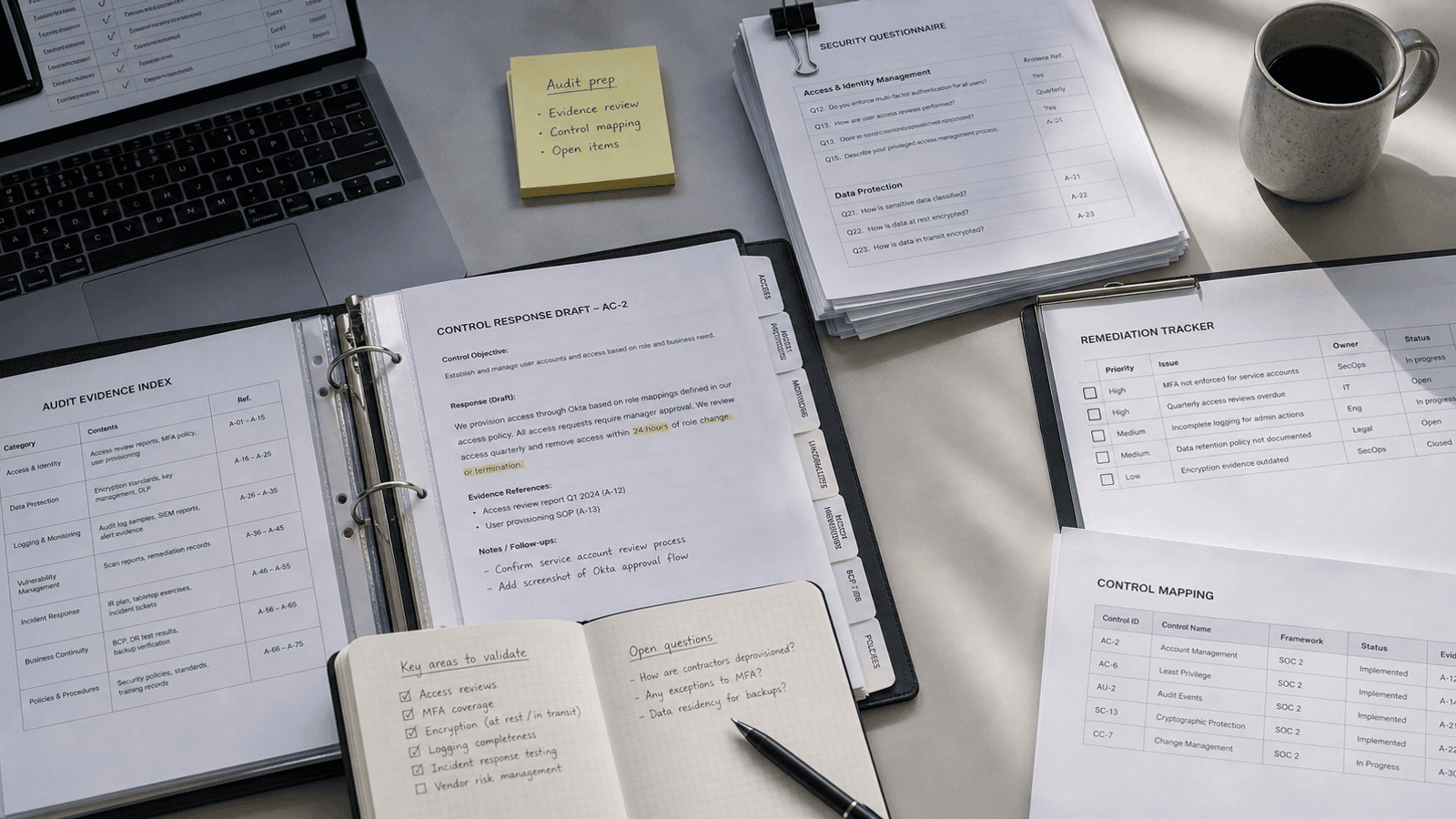 Clean compliance workspace with an audit checklist, questionnaire panel, and one careful response in progress