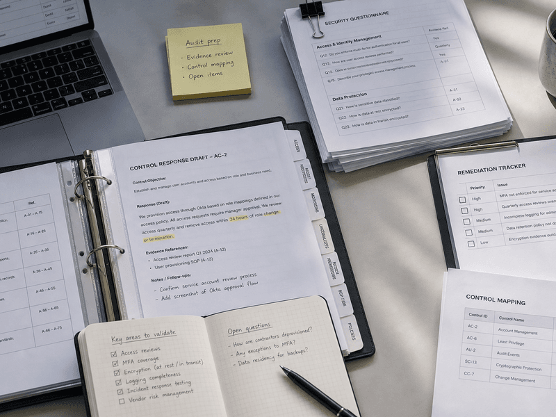 Clean compliance workspace with an audit checklist, questionnaire panel, and one careful response in progress