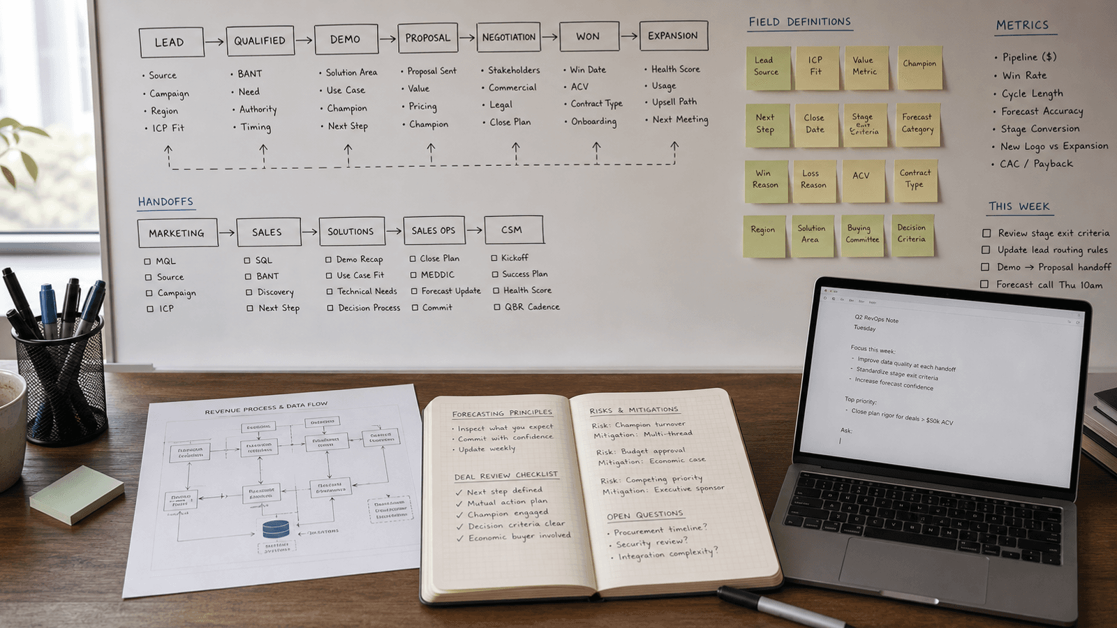 Focused RevOps workspace with a CRM panel, pipeline notes, and one precise handoff message in progress