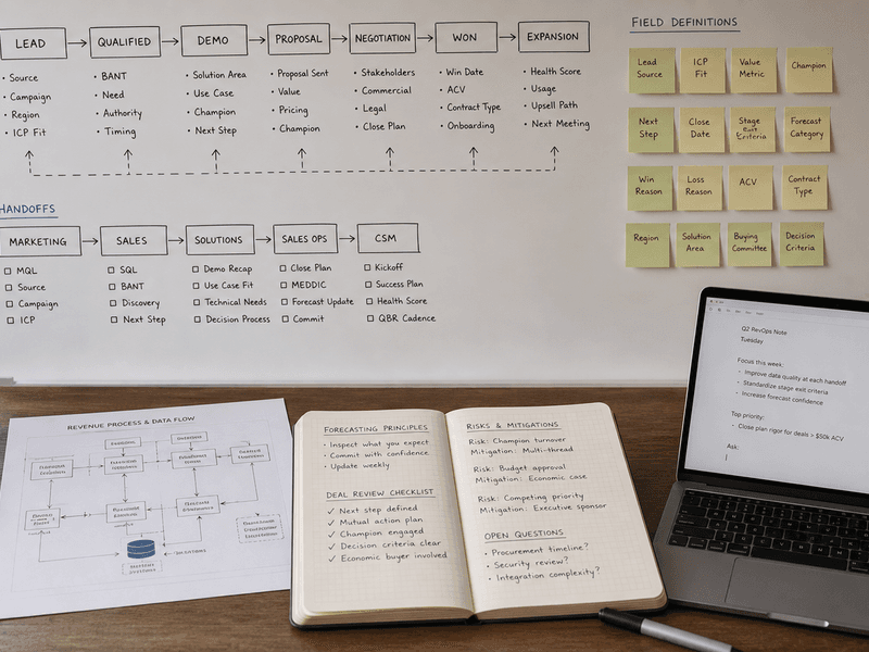 Focused RevOps workspace with a CRM panel, pipeline notes, and one precise handoff message in progress