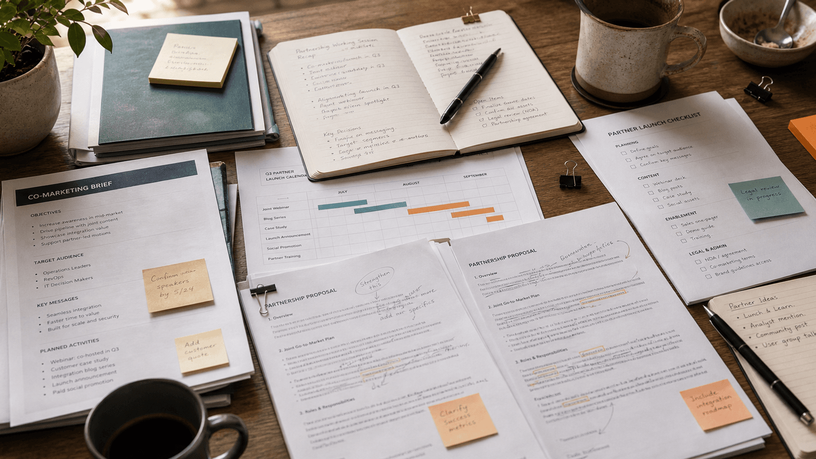 Warm partnerships workspace with a blurred shared thread, recap notebook, and co-marketing notes beside a laptop