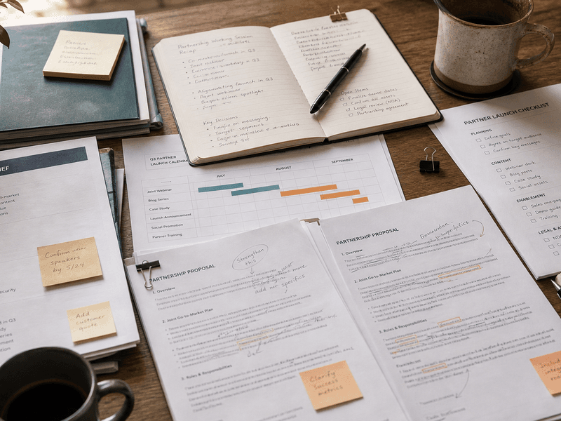 Warm partnerships workspace with a blurred shared thread, recap notebook, and co-marketing notes beside a laptop
