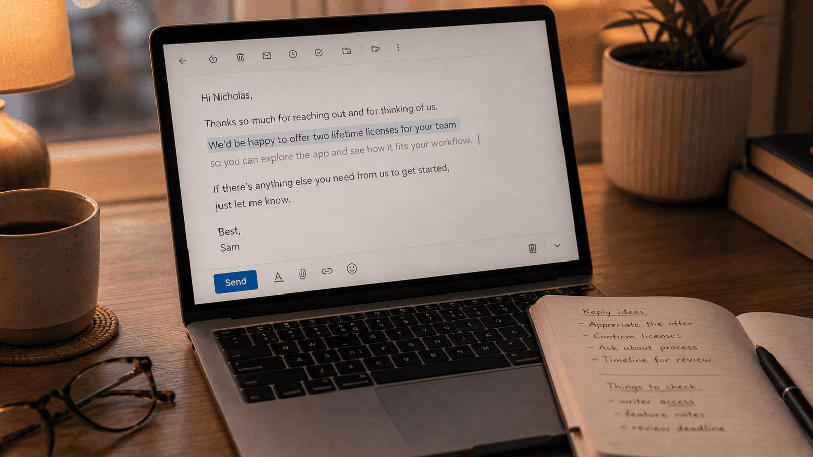 Quiet Mac writing desk with an email reply in progress and soft ghost-text suggestions appearing inline