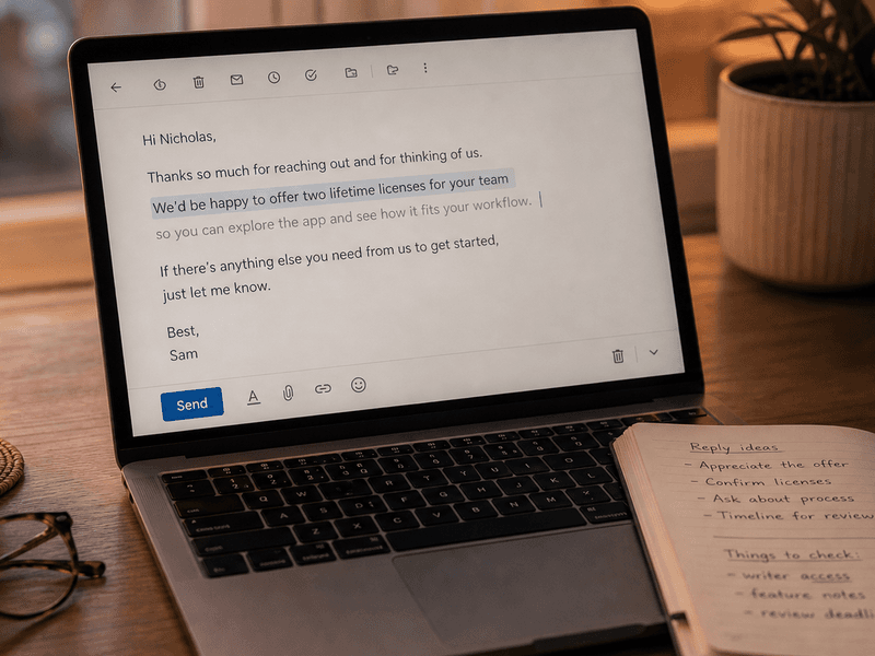 Quiet Mac writing desk with an email reply in progress and soft ghost-text suggestions appearing inline